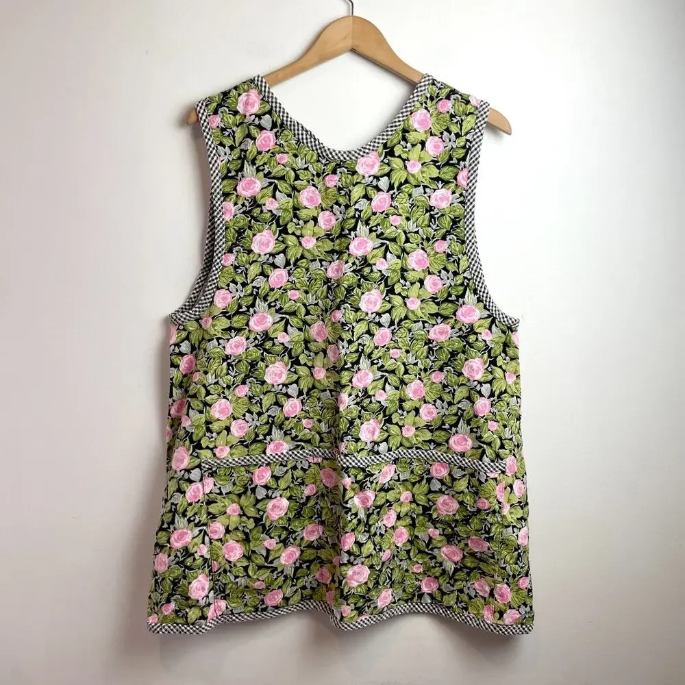 Vintage Handmade Pinafore Apron Gingham Floral Cottage Nonna Grandma Farmhouse